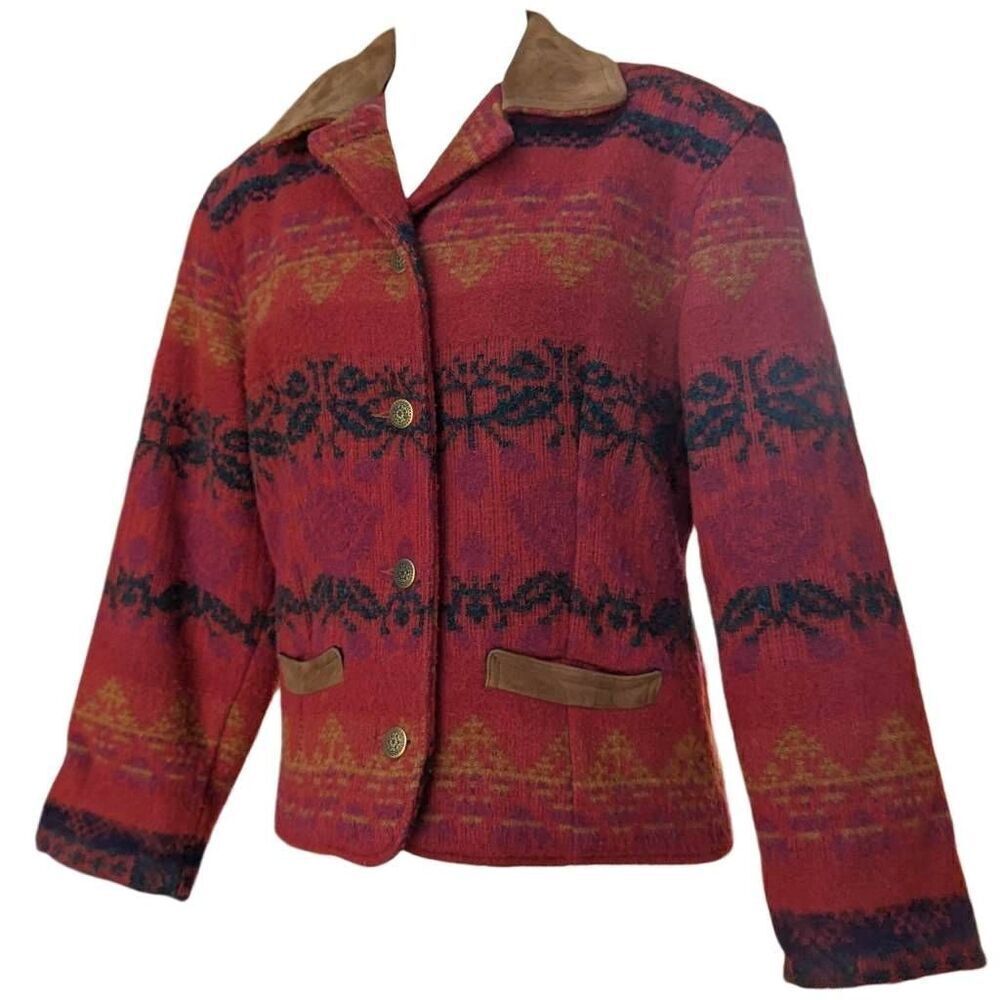Vintage Woolrich Jacket Red Southwestern Aztec Suede Trim Wool USA Size S Button - Picture 2 of 10
